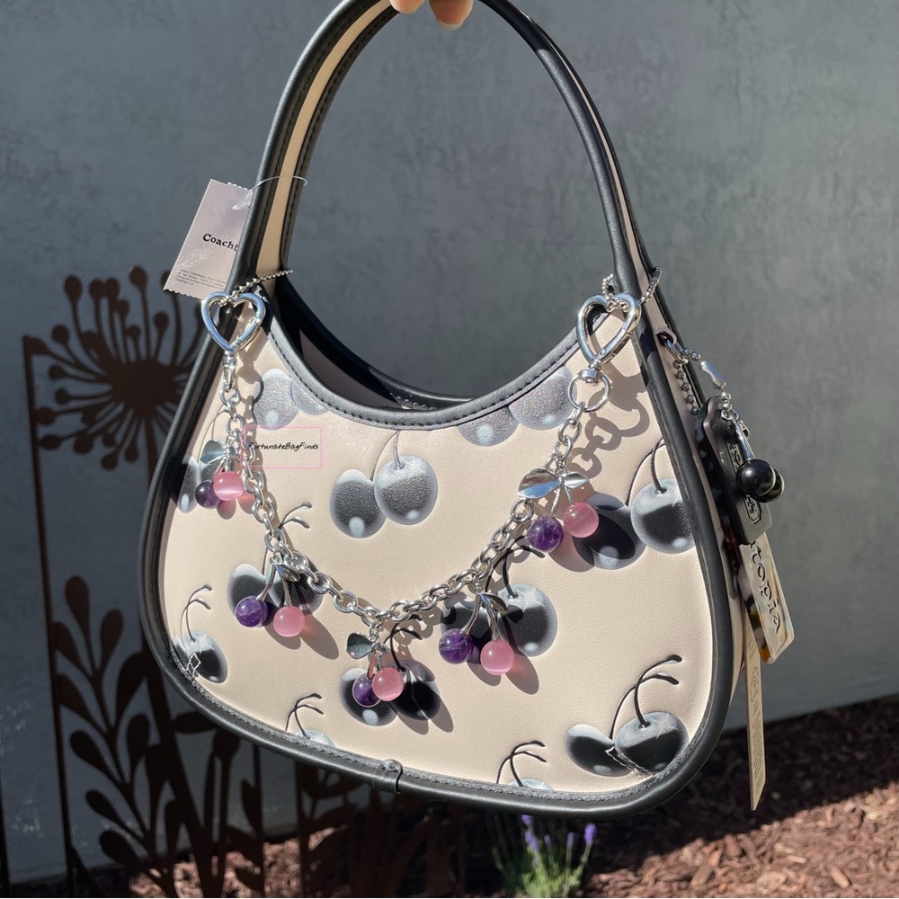 Coach Coachtopia Ergo Bag Black Cherry Print CL754 Pink Purple Cherry Chain SET